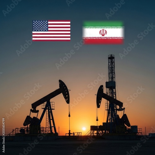 USA and Iran Flags Above Oil Rigs at Sunset Symbolizing Energy Relations.