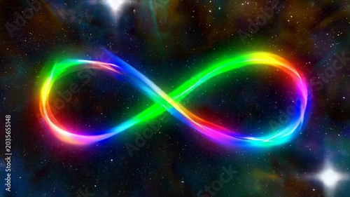 A bright infinity symbol appears in outer space. It glows with many colors. The symbol moves gently. Stars and distant galaxies fill the dark background