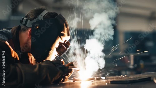 A skilled welder in protective gear focuses on a metal piece while welding. Sparks fly into the air as they use a welding tool. The workshop is filled with light and activity