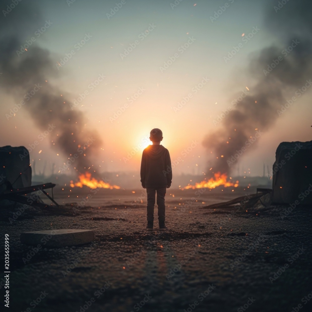 Fototapeta premium A lone child stands amidst a war-torn landscape at sunset.