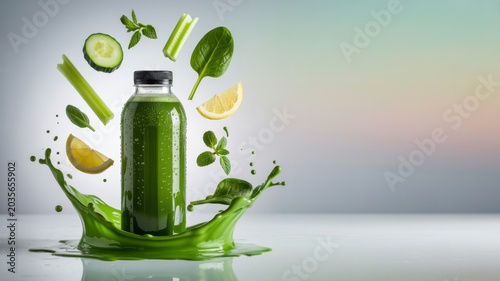 Green juice bottle with vegetables and splash