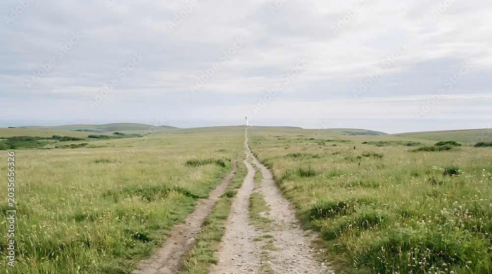 Naklejka premium Path leading to lighthouse on grassy hill towards sea and overcast sky.