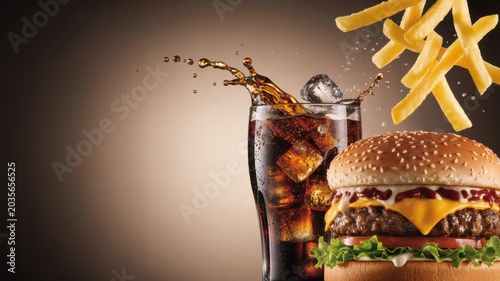 Burger with fries and soda on a dark background fast food