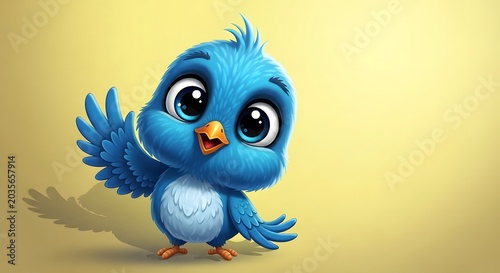 Cute cartoon blue bird waving wing in warm soft light cheerful animation style