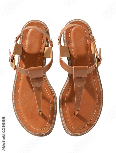 Canvastavla Overhead view of a pair of tan leather thong sandals isolated on white background
