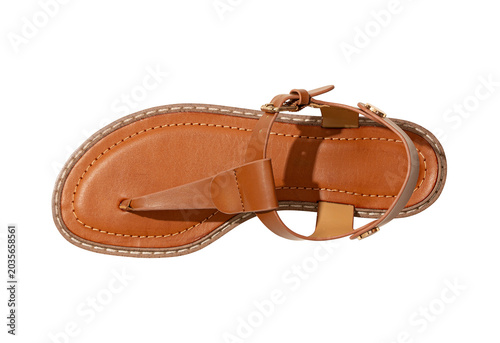 Konstfotografi Tan Leather Thong Sandal Top View Isolated on White Background - Women's Summer