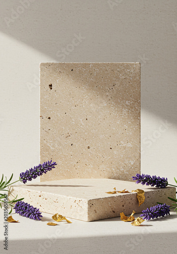 Natural Skincare Aesthetics: Elegant stone textures with lavender and gold accents