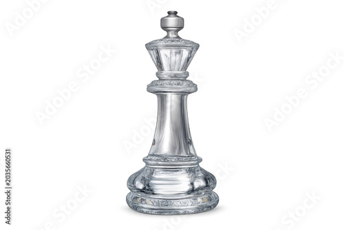 Transparent crystal chess king piece with ornate carved details and glossy reflections, isolated PNG on transparent background for strategy, game, leadership, luxury and competition designs.