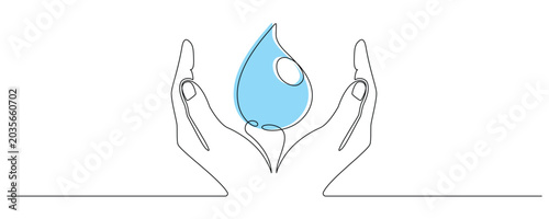 Konstfotografi Hands holding water drop in one continuous line drawing