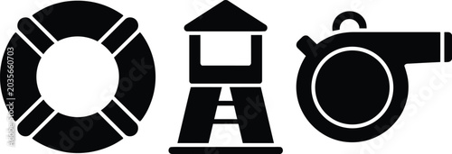 Foto Lifeguard tower, lifebuoy, and whistle icons set representing beach safety and r