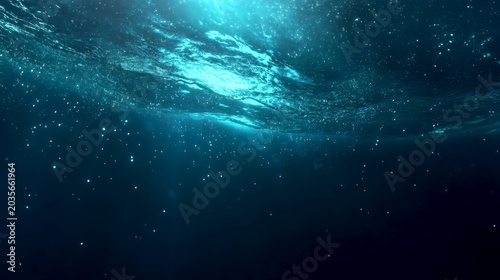 Calm underwater scene with shimmering light. Bubbles dance through dark blue waters. Ideal for nature-themed projects or background visuals. Evokes tranquility and exploration. AI