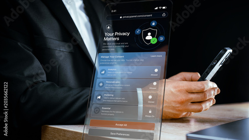Privacy matters, cookie consent management on smartphone, GDPR data protection settings, personal data control, analytics and marketing preferences, accept all or save preferences interface