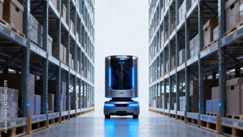 Autonomous robot in warehouse aisle