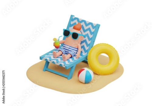 3d illustration of a cute cartoon character relaxing on a beach chair