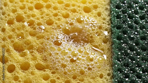Closeup of water pouring onto a yellow sponge with a green scrubby side.
