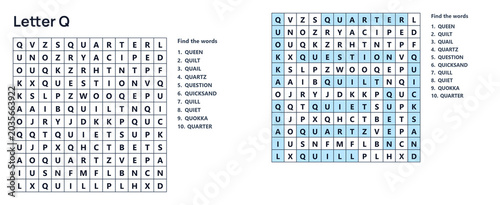 Foto Word seek puzzle sheet, Word search puzzle with letter Q solutions, educational