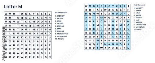 Quadro su tela Word seek puzzle sheet, Word search puzzle with letter M solutions