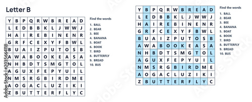 Canvas Print Word seek puzzle sheet, Word search puzzle with letter B words highlighted