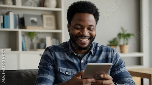 Young Man Smiling While Using Tablet Sitting Comfortably in Living Room with Indoor Plants