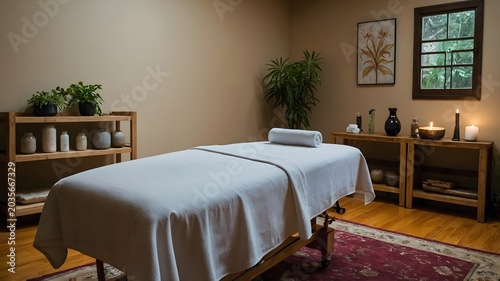 Calming and Inviting Massage Therapy Room with Natural Elements and Soft Lighting in a Spa Setting