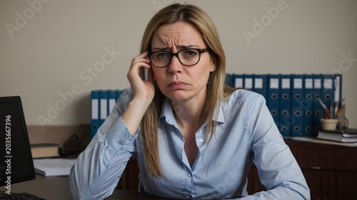 Stressed Businesswoman in Formal Attire Sitting at Office Desk with Concerned Expression