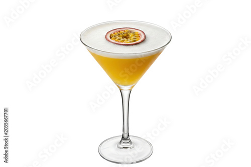 premium passionfruit martini cocktail or pornstar martini with frothy foam and fruit garnish in a martini glass on transparent background