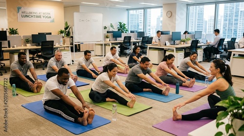 Diverse group of employees practicing lunchtime yoga in open plan office for corporate wellness and team building exercise.