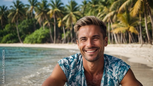 Smiling Man Enjoying a Tropical Beach with Palm Trees and Ocean in a Sunny Paradise