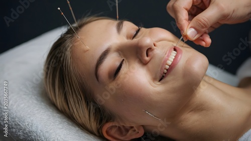 Woman Receiving Relaxing Acupuncture Facial Treatment with Smile and Calm Expression