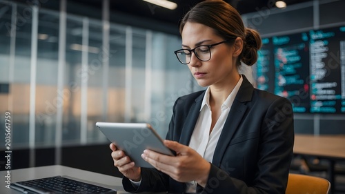 Professional Woman Analyzing Information on Tablet in Modern Office Workspace