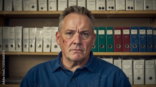 Serious Middle-Aged Man with Intense Expression in an Office Surrounded by Organized Documents