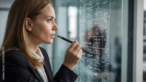 Focused Businesswoman Analyzing Data and Developing Strategies in Modern Office Environment