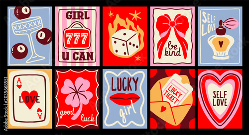 Colorful retro-style cards or posters showing lucky girl symbols, hearts, bows, dice on bold backgrounds, conveying themes of fortune and positivity. Vector illustration