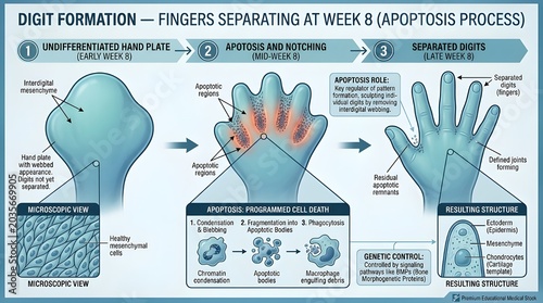 Fetal hand development digit separation at week 8 apoptosis process illustration