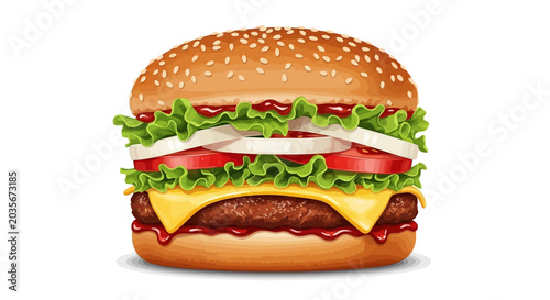 Fotografie A juicy cheeseburger with lettuce, tomato, and cheese on a sesame seed bun