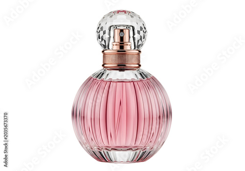 Luxury Pink Perfume Glass Bottle with Crystal Cap on white background , Isolated on Transparent Background, PNG, Generative AI
