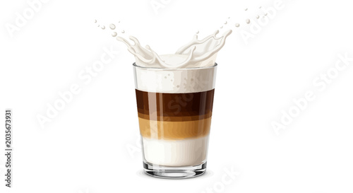 Milk splashes into a layered coffee drink in a glass cup.