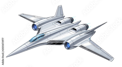 A sleek silver spaceship soars through the air with blue engines.
