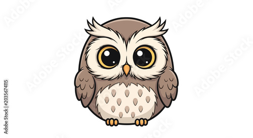 A cute owl illustration with big eyes stares forward on white.