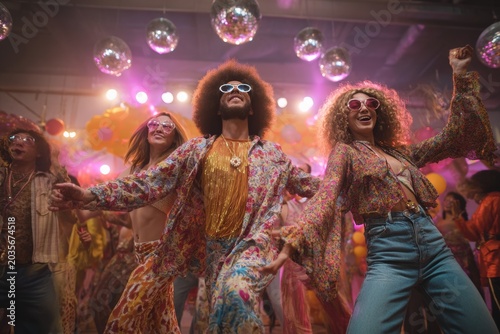 Group in 70s-80s retro fashion dancing at old-fashioned discotheque with big curly wigs, colorful outfits, vintage sunglasses, smiling under bright lights.