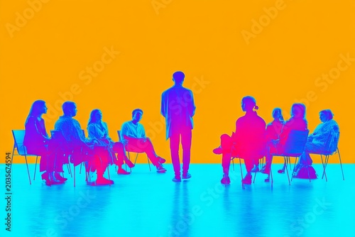 coaching meeting. Group of students sitting in chairs listening to teacher while speaker stands on stage with back turned at workshop event. Bright neon colors illustration, learning seminar.