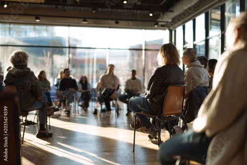Community forum or public townhall meeting. Group sitting in chairs listening to teacher at interactive workshop or lecture with bright natural light, view from behind showing backs of audience.