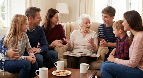 Happy multi-generational family sitting together on sofa looking at old photo album and listening to grandmother telling stories.