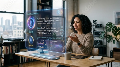 Happy woman using voice controlled cognitive assistant hologram for research and data analysis in a bright home office.