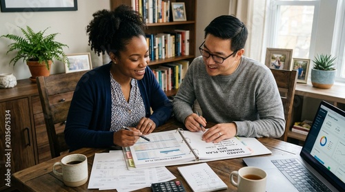 Happy young diverse couple reviewing shared financial plan folder together in cozy home office with laptop and coffee.