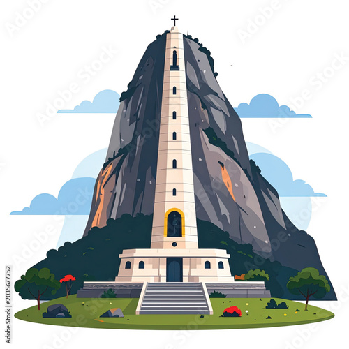 Illustration of a tall white church.