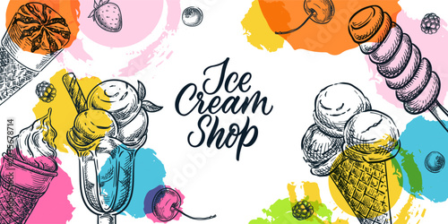 Ice cream banner, flyer design. Summer desserts vector sketch watercolor background for cafe menu or poster