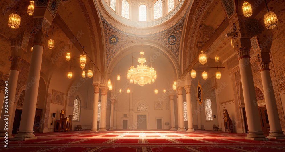 Obraz premium Holy beautiful muslim or arab mosque interior, religion concept, AI generated image 