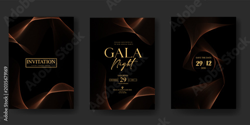 Premium gala night invitation card set with glowing amber silk curves and elegant black luxury background design for VIP celebration, poster, wedding and elite branding use