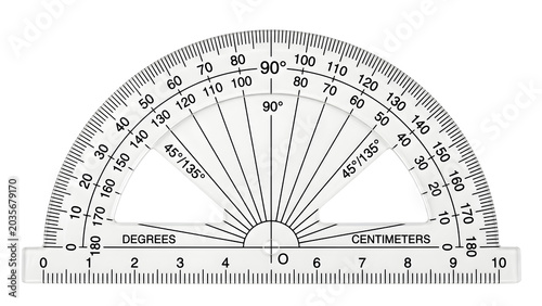 Clear plastic semi circular protractor ruler isolated on white background